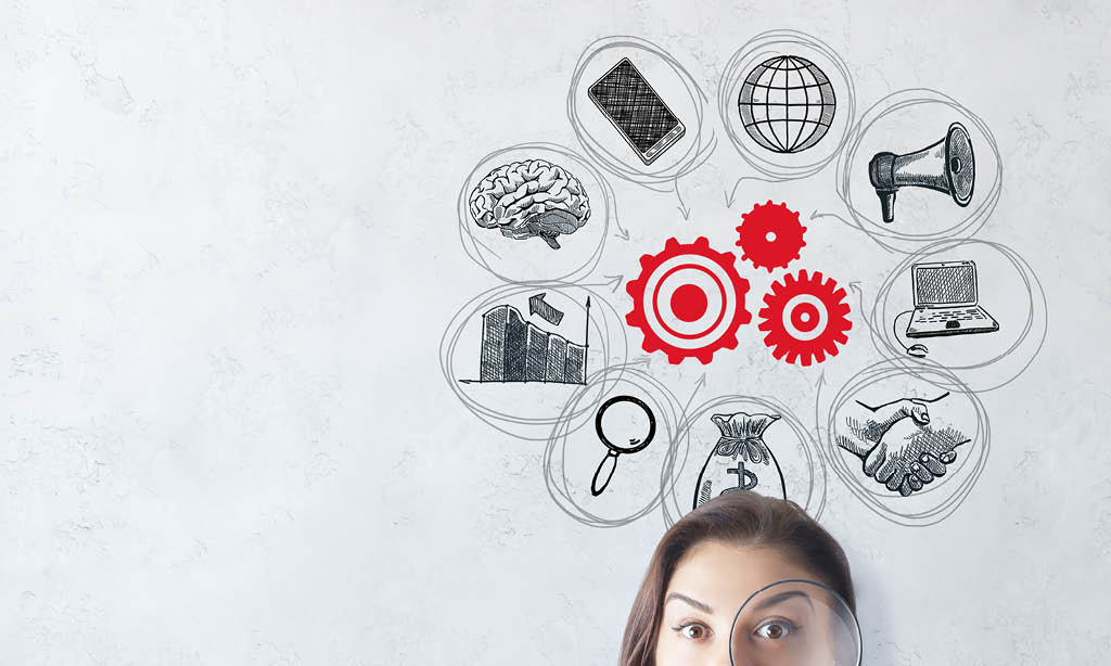 Portrait of surprised young european woman with magnifier on concrete background with business sketch  Startup and teamwork concept