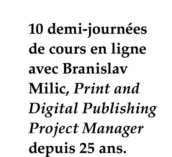 10 demi-journées de cours en ligne avec Branislav Milic, Print and Digital Publishing Project Manager depuis 25 ans 